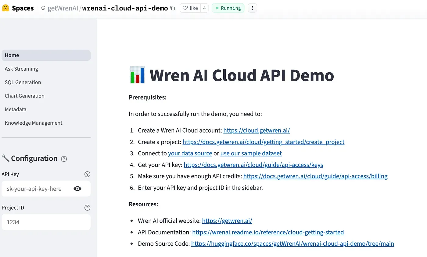 Wren AI Cloud API demo on Hugging Face Spaces