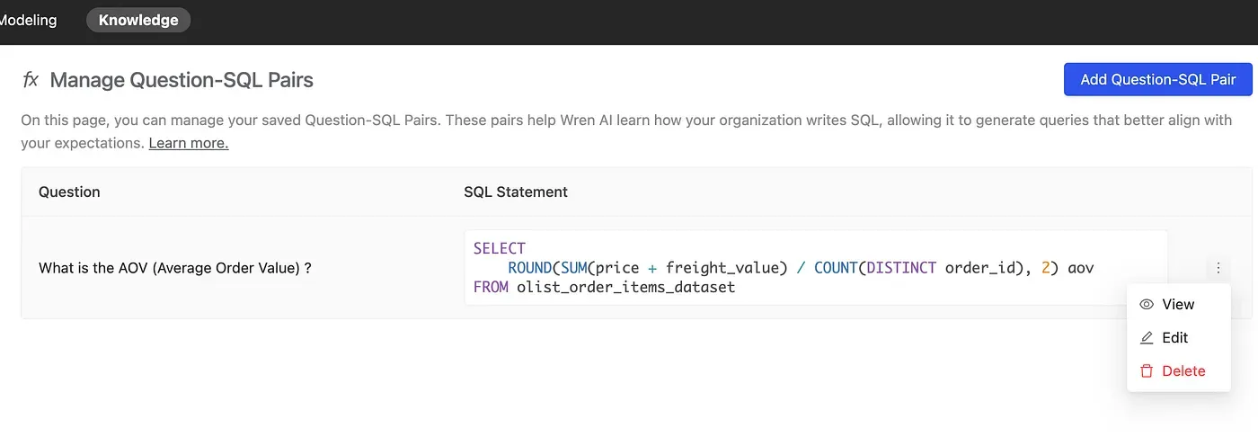 Managing saved question-SQL pairs in Wren AI