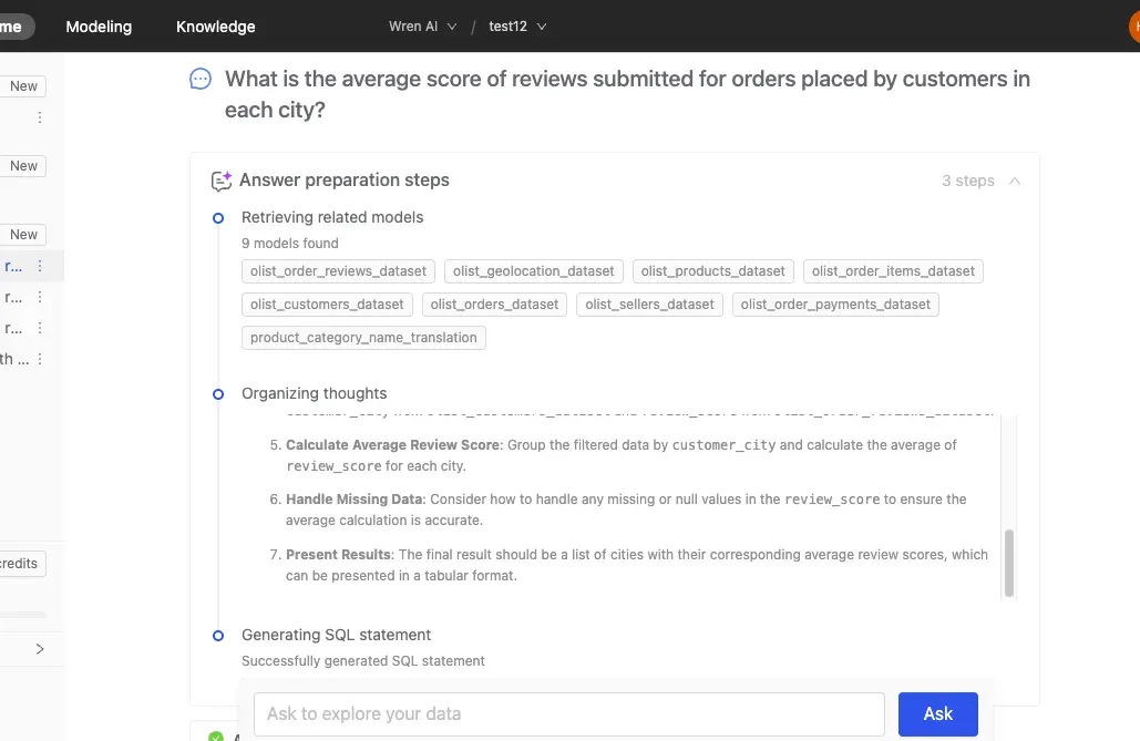 Answer preparation steps showing how Wren AI interprets a question and builds the SQL