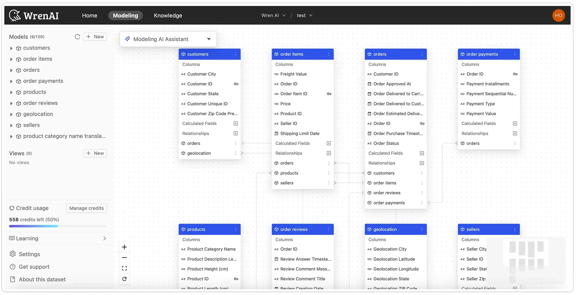 Modeling data structure and relationships in Wren AI