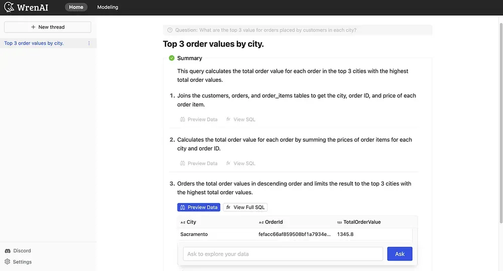 A step-by-step SQL breakdown of a question in Wren AI