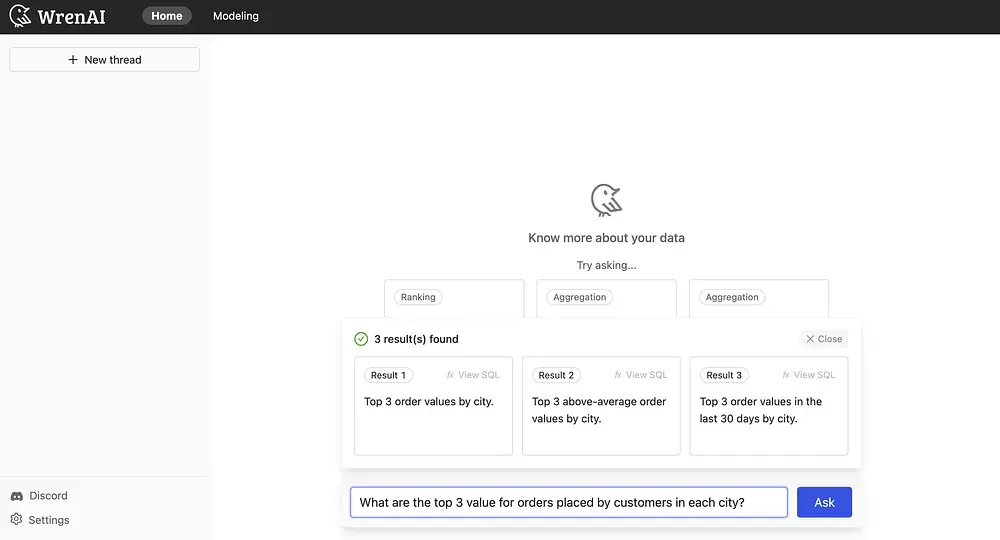 Asking a business question in Wren AI and getting candidate results