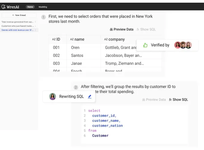 Adjust an answer and Wren AI rewrites the SQL and learns from it