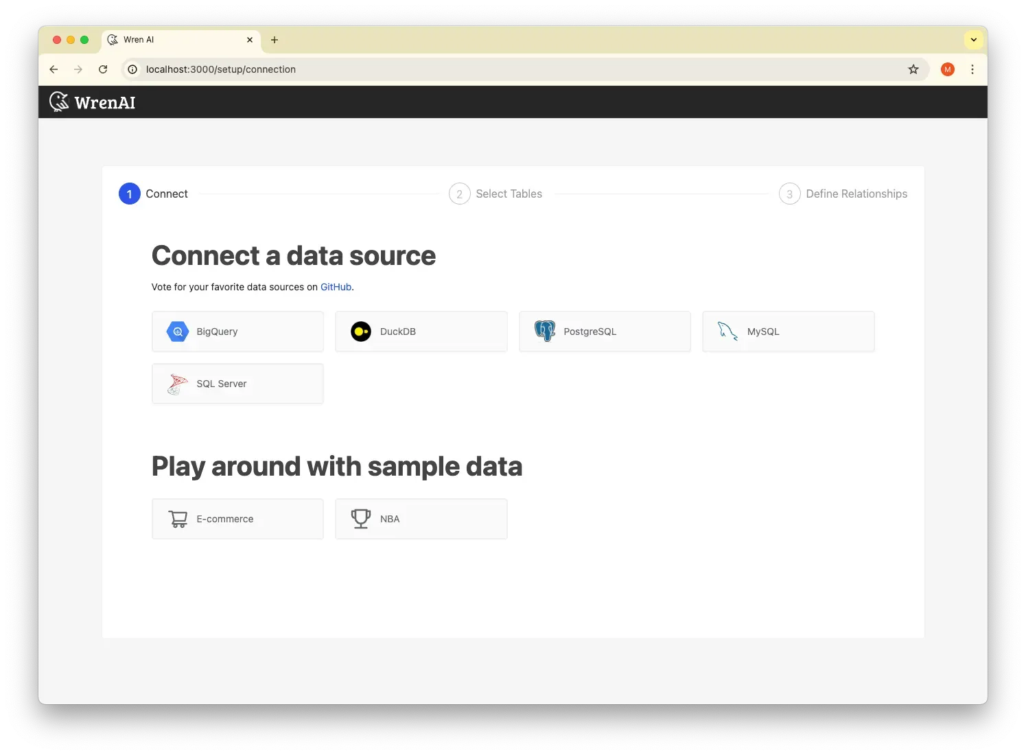 The Wren AI connect a data source page