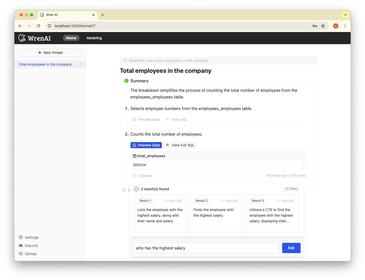 Asking a follow-up question and reviewing the suggested results