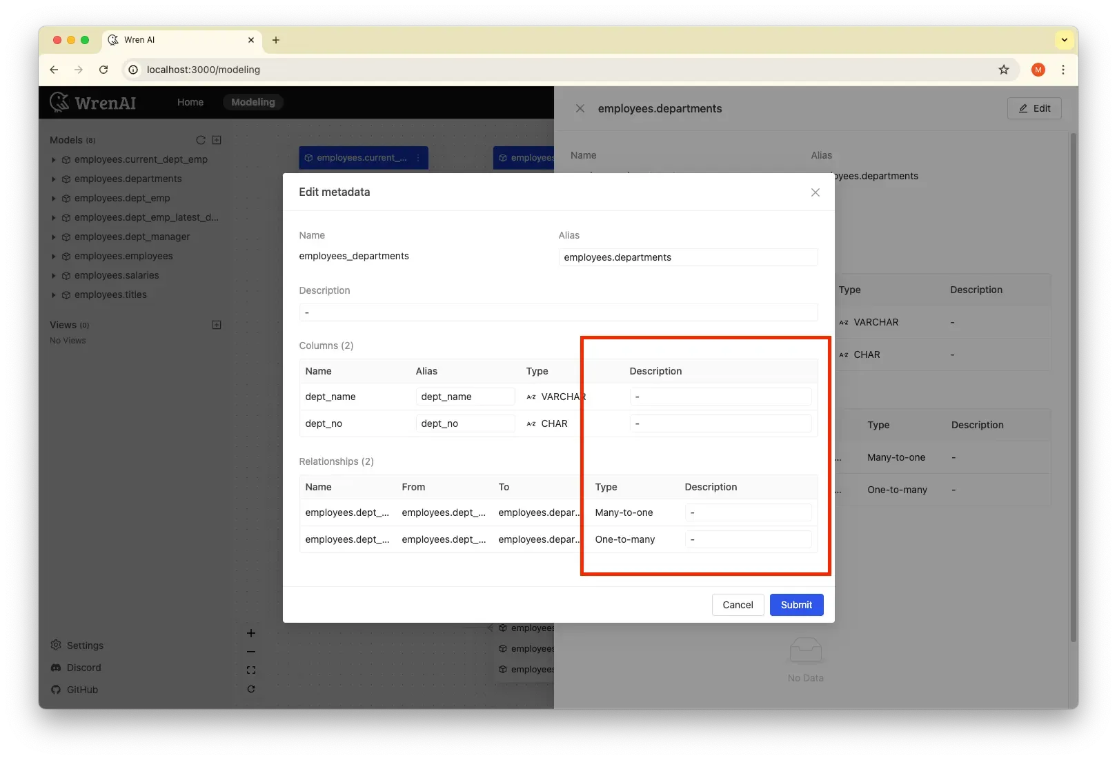 Editing descriptions for columns and relationships in the metadata dialog