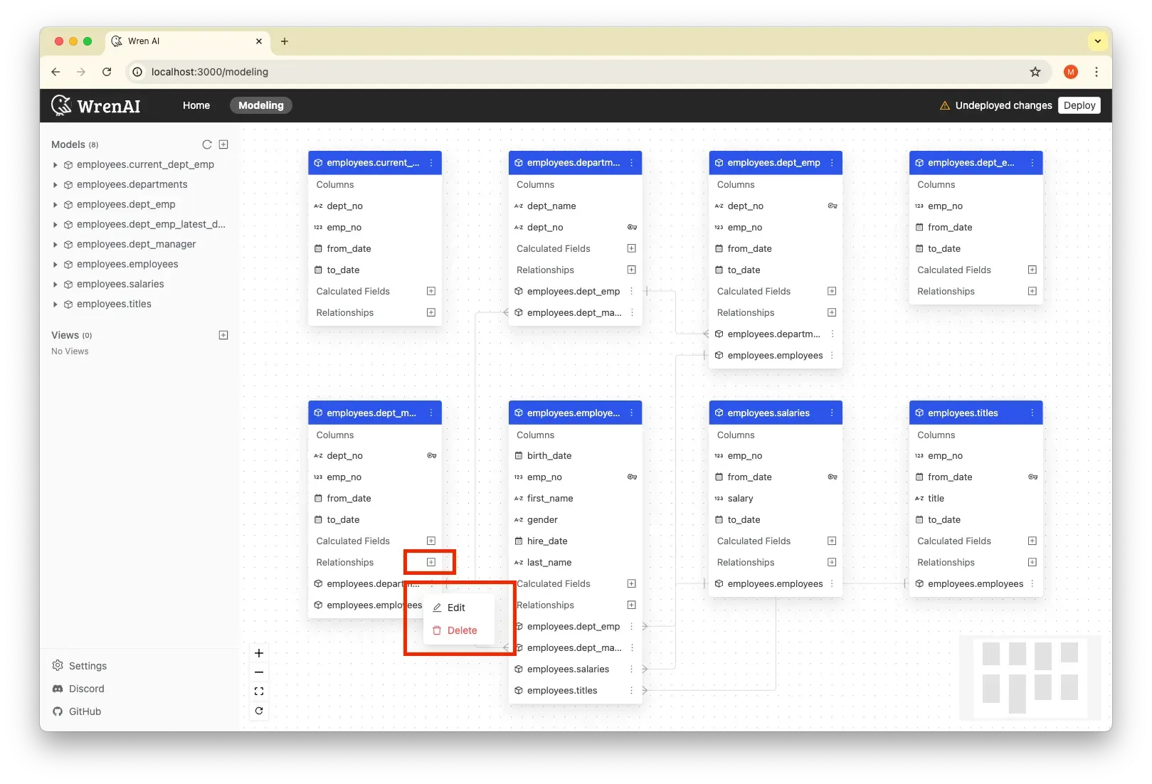Editing or deleting semantic relationships on the modeling page