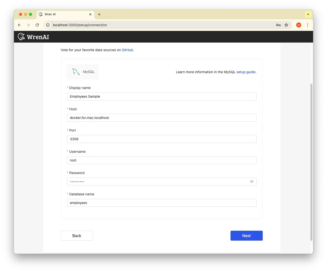 Filling out the MySQL connection settings in Wren AI