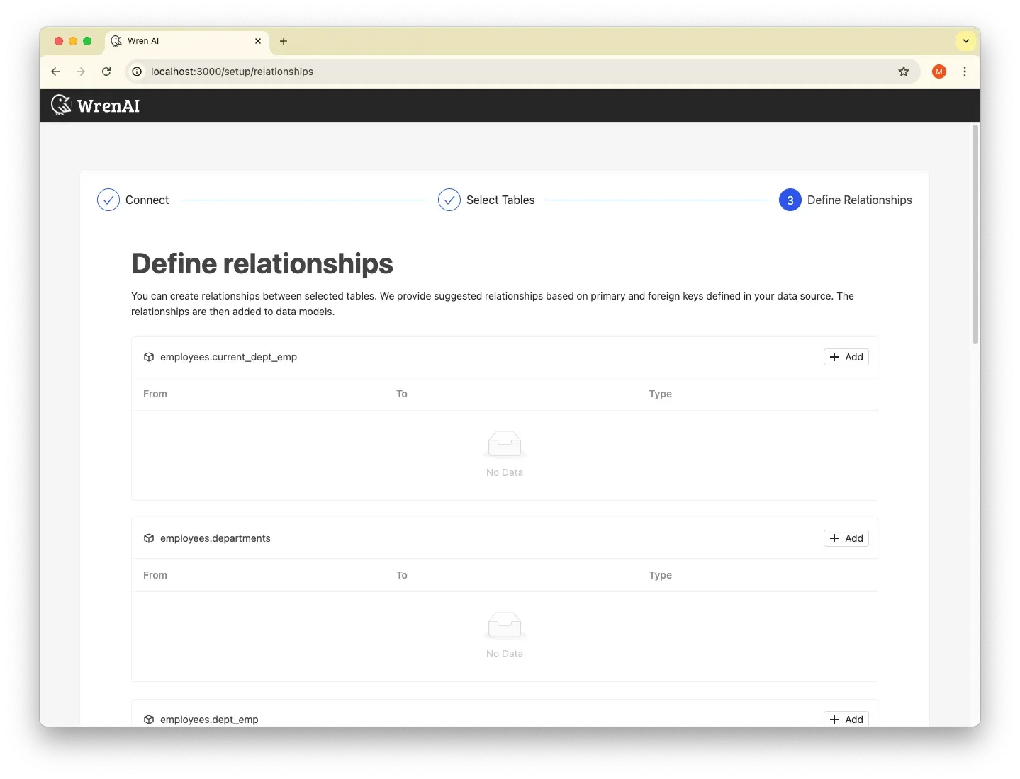 Defining relationships between the selected tables