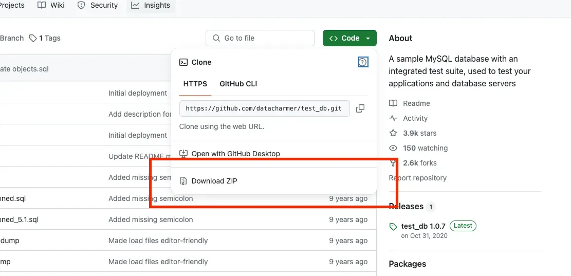 Downloading the sample database ZIP from GitHub