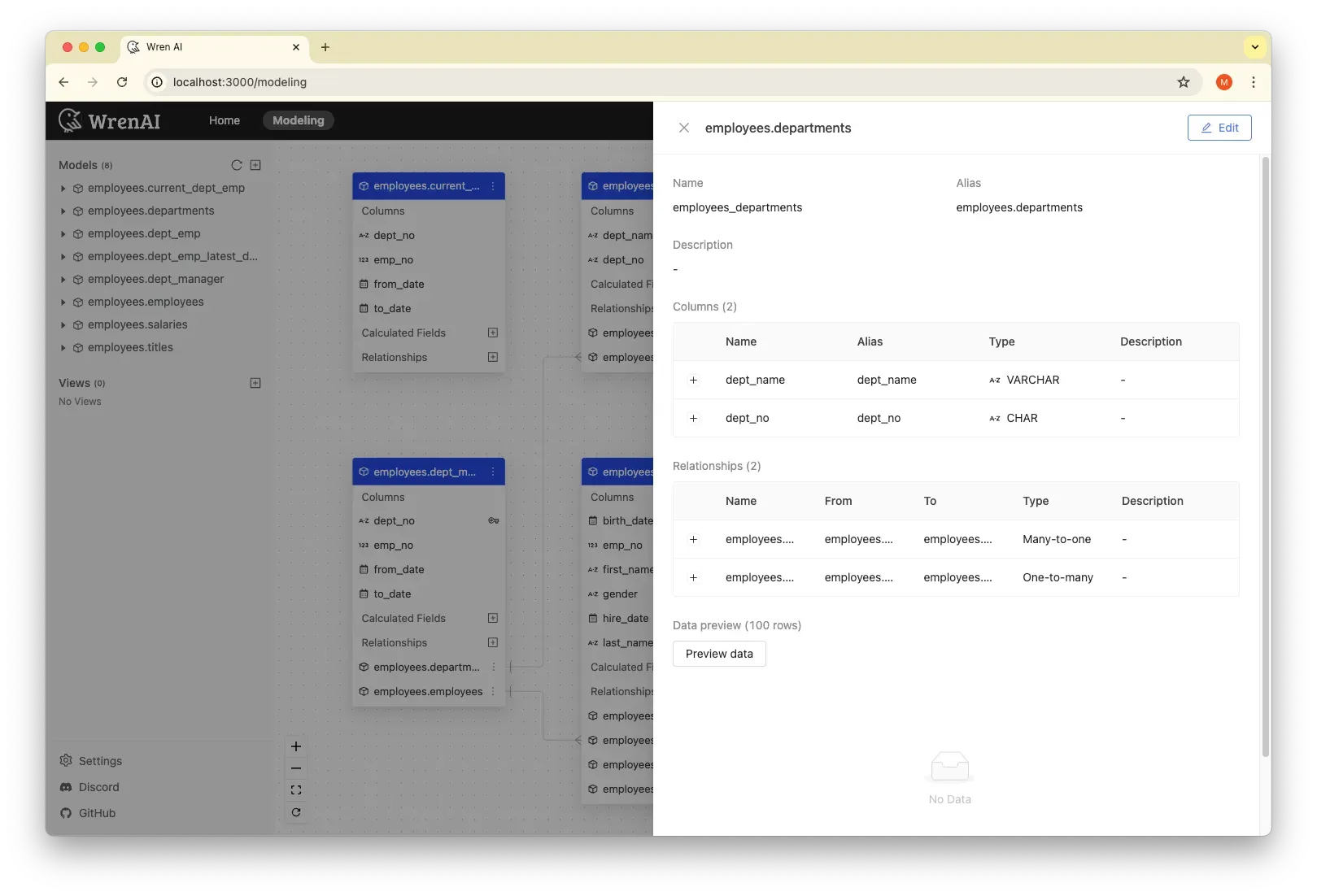 Viewing a model's semantic metadata and previewing its data