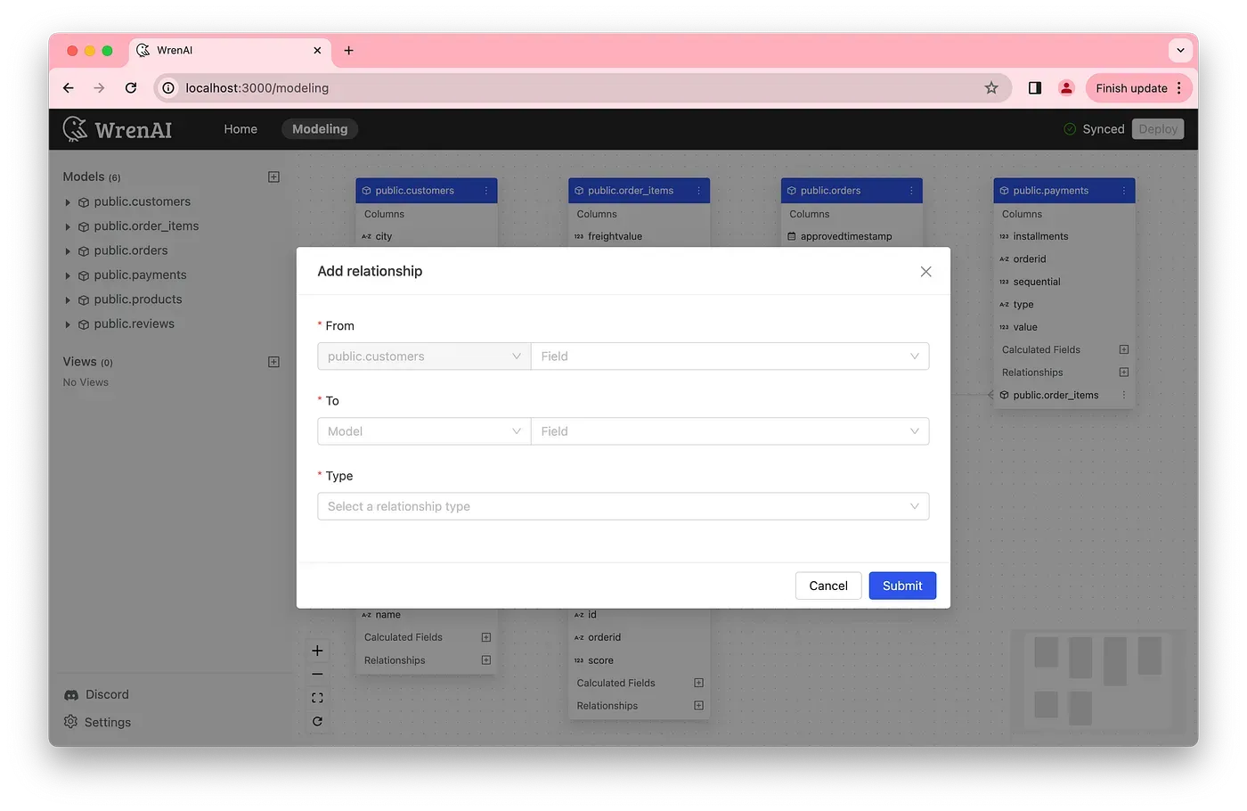 The add relationship dialog in the data model