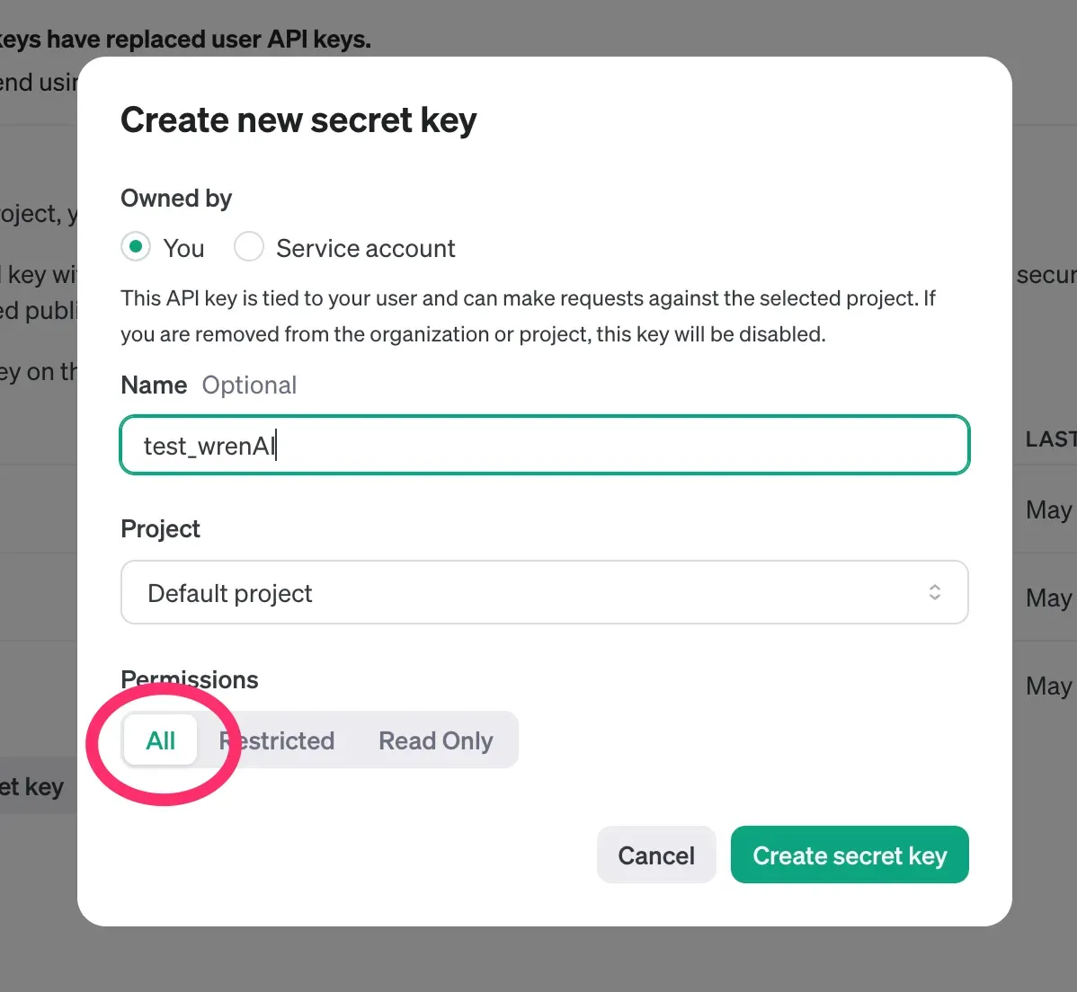 Creating a new secret key with all permissions selected