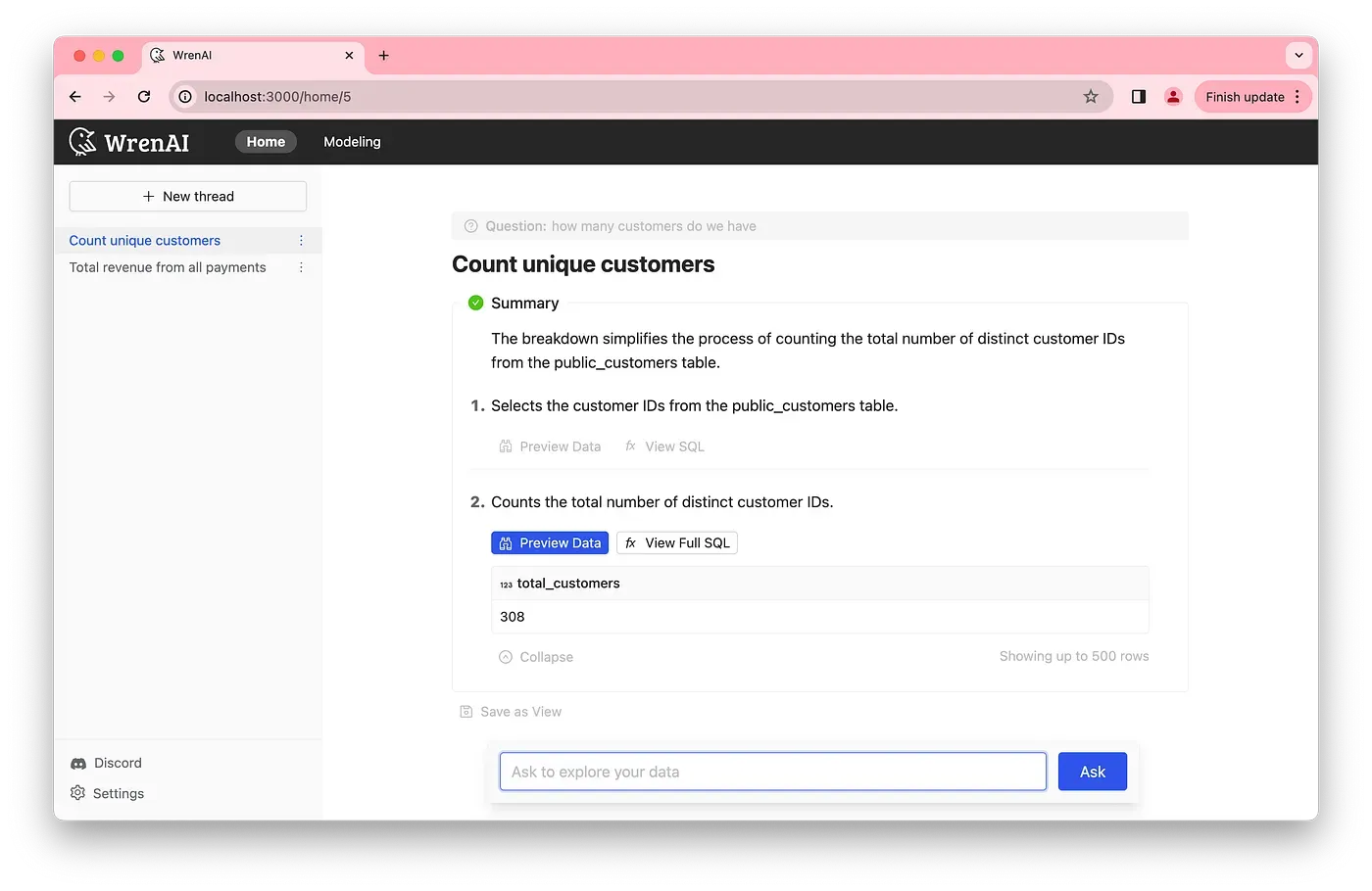 The step-by-step breakdown of the answer with a data preview