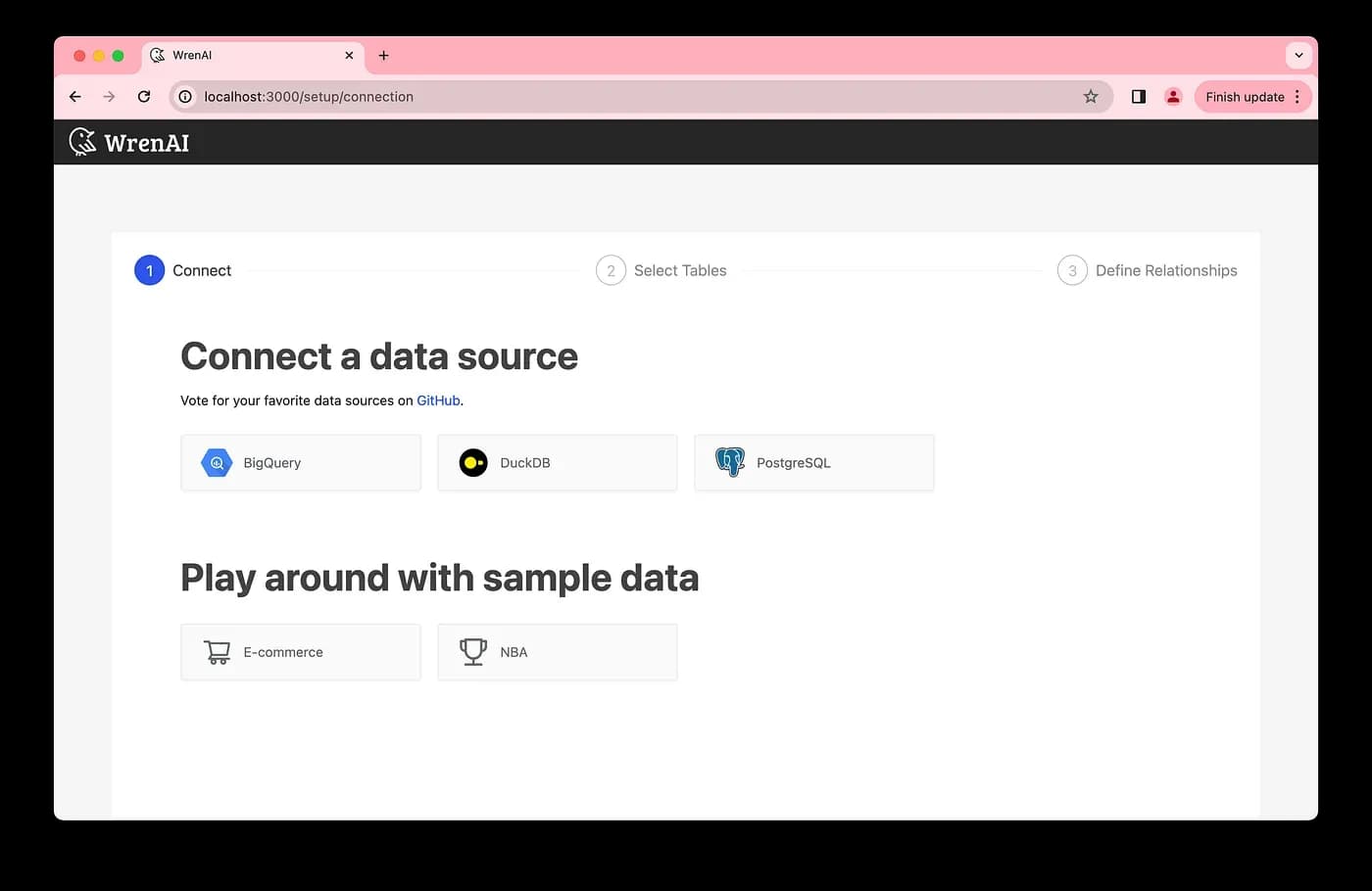 The connect a data source page on first launch