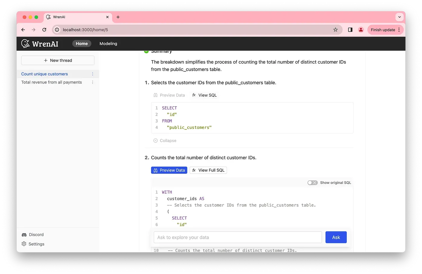 Reviewing the generated SQL behind each step of the answer