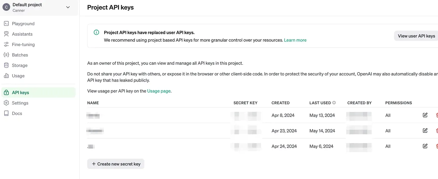 The project API keys page on the OpenAI platform
