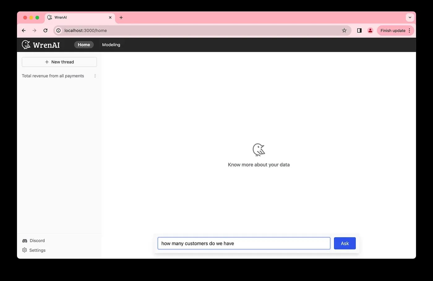 Asking a business question from the Wren AI home page