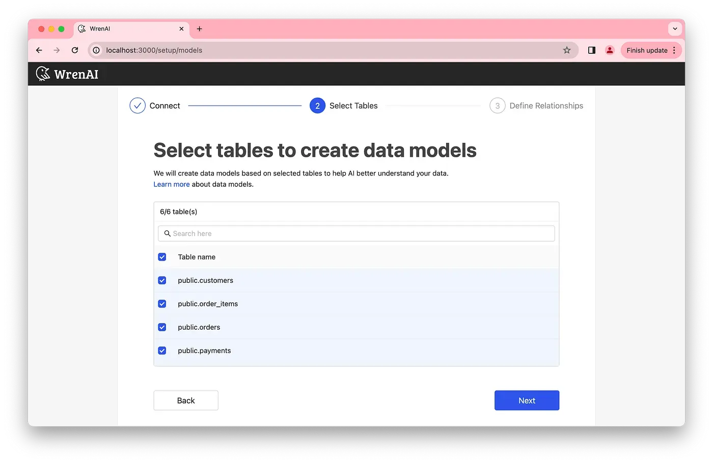 Selecting the tables to create data models from