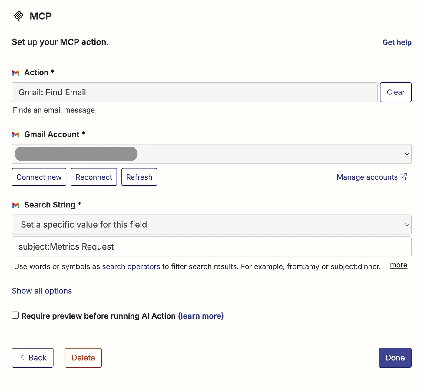 Setting up the Gmail Find Email action with a linked account and search string
