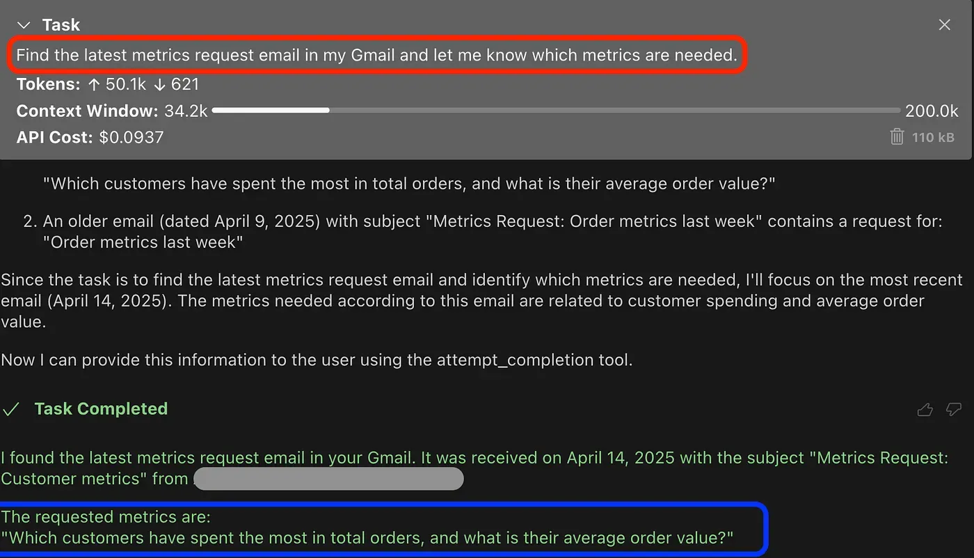 The agent finds the latest metrics request email and extracts the question