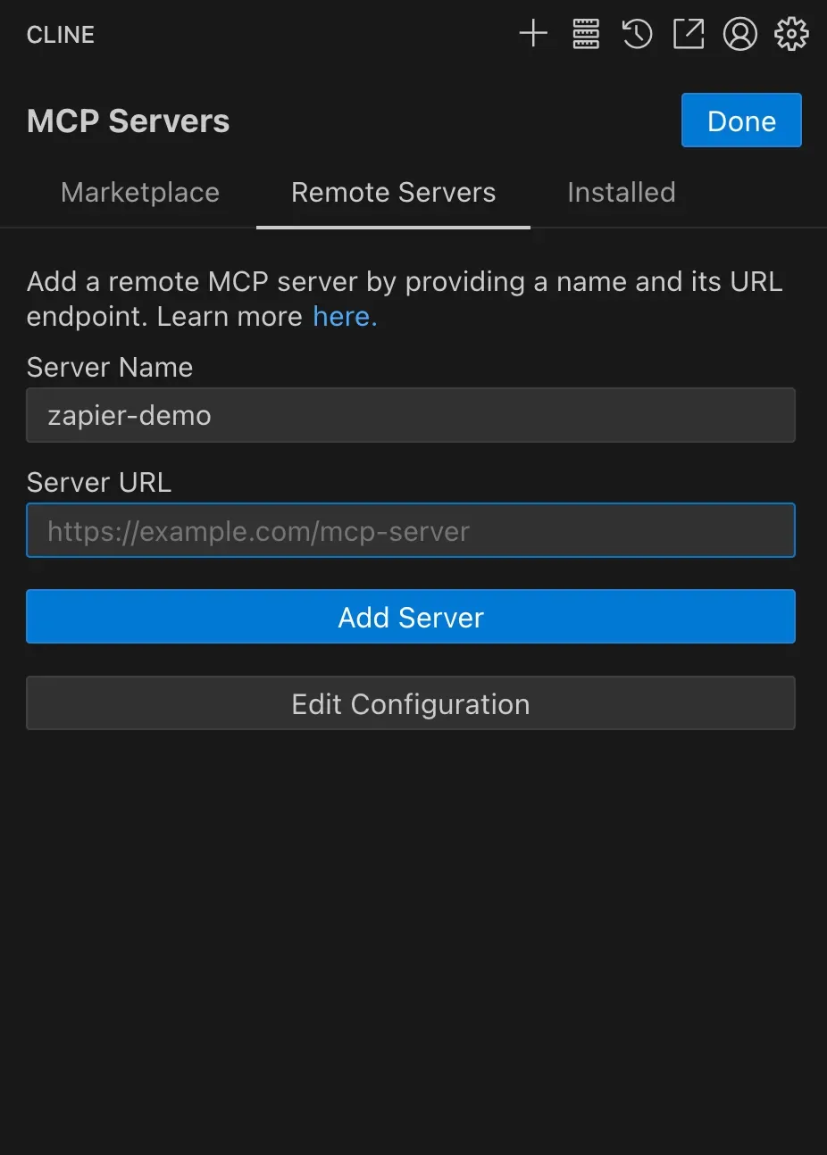 Adding the Zapier MCP server as a remote server in Cline