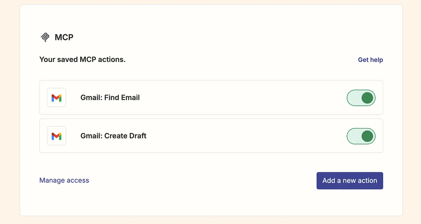 Saved MCP actions with Gmail Find Email and Create Draft enabled