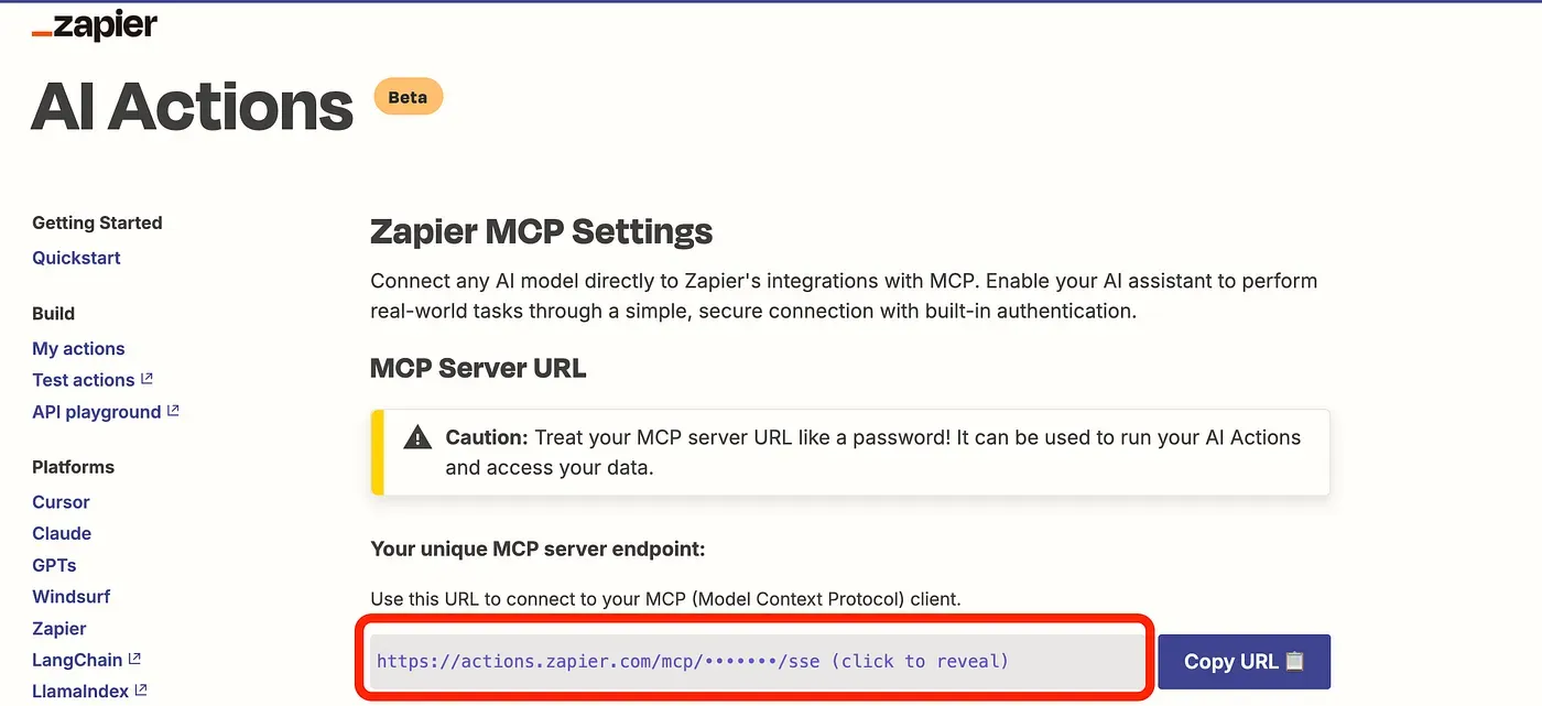 Copying the unique MCP server URL from Zapier MCP settings