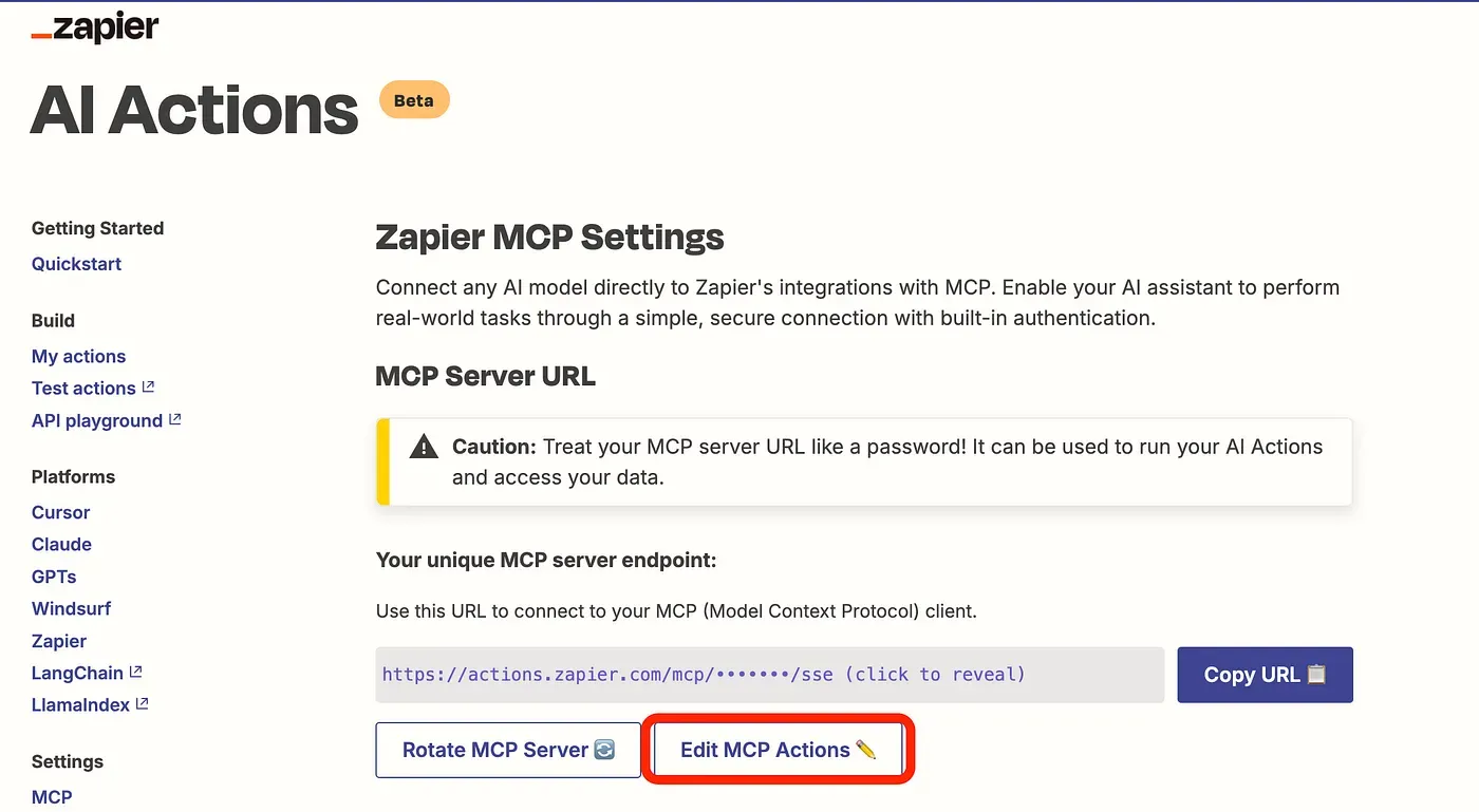 The Edit MCP Actions button in Zapier MCP settings