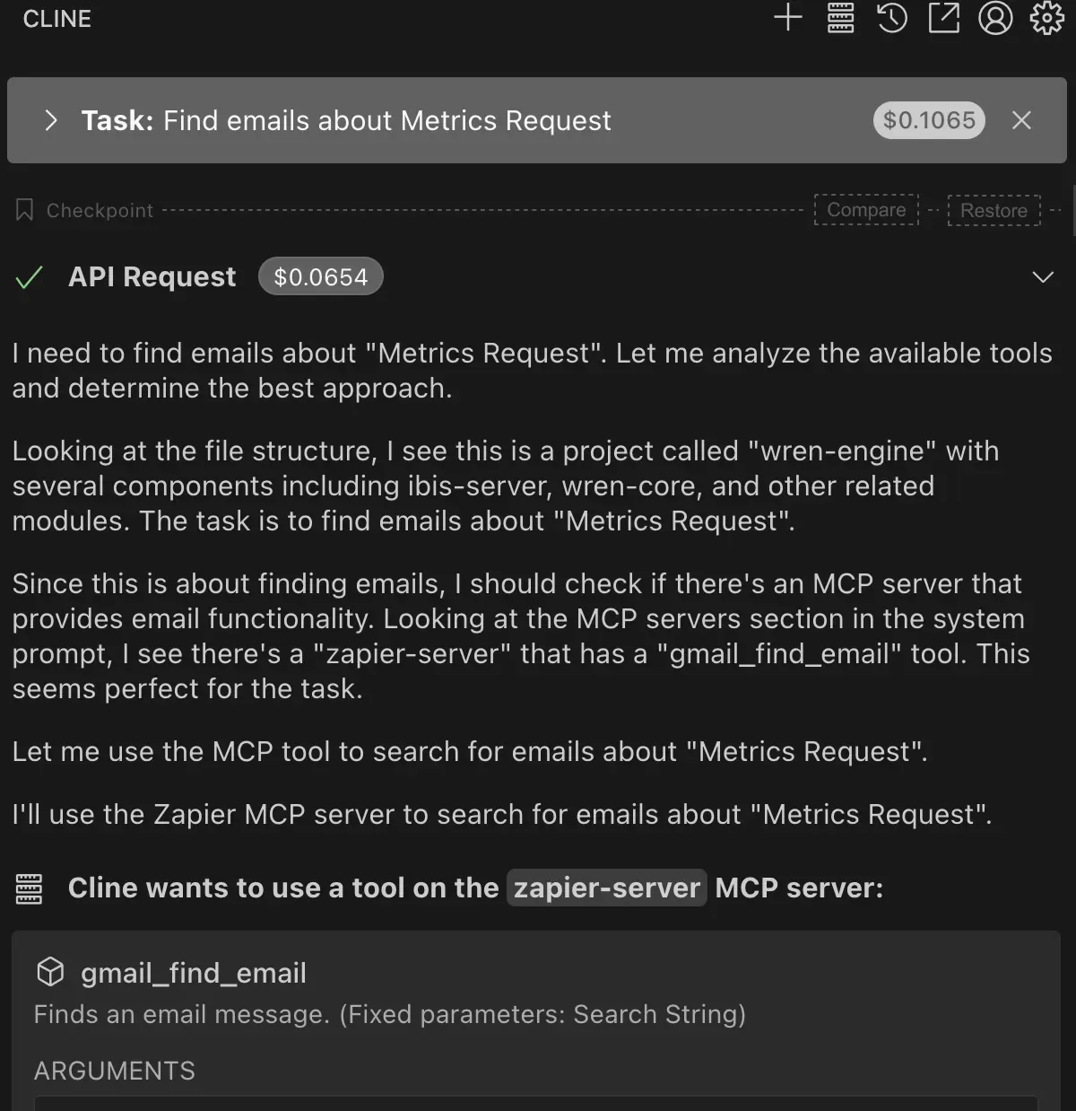The agent picks the Zapier gmail_find_email tool to search the inbox