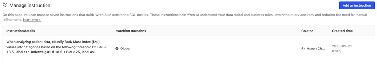 Saved instructions guide Wren AI, like classifying BMI values into clinical categories