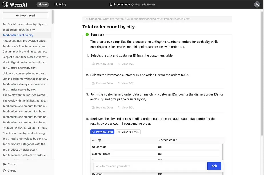 Wren AI breaks a question into steps with previewable data and SQL