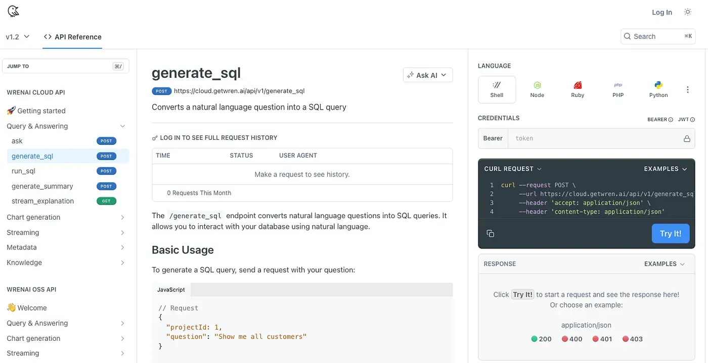 The generate_sql endpoint converts natural language questions into SQL