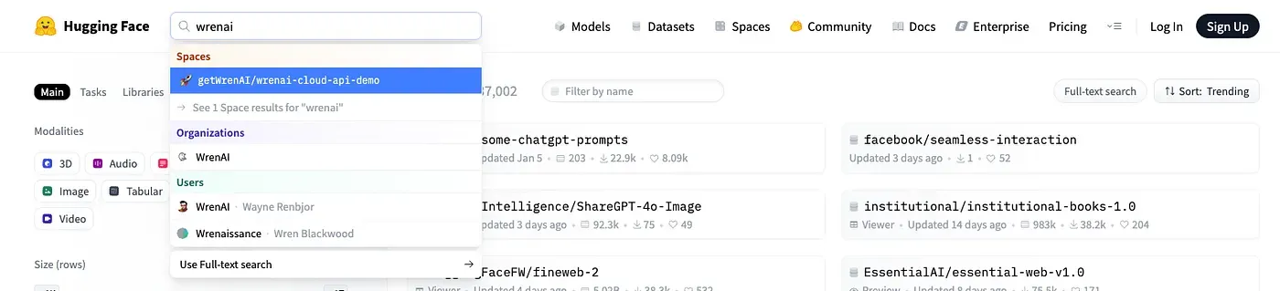 Finding the Wren AI Cloud API demo space on Hugging Face
