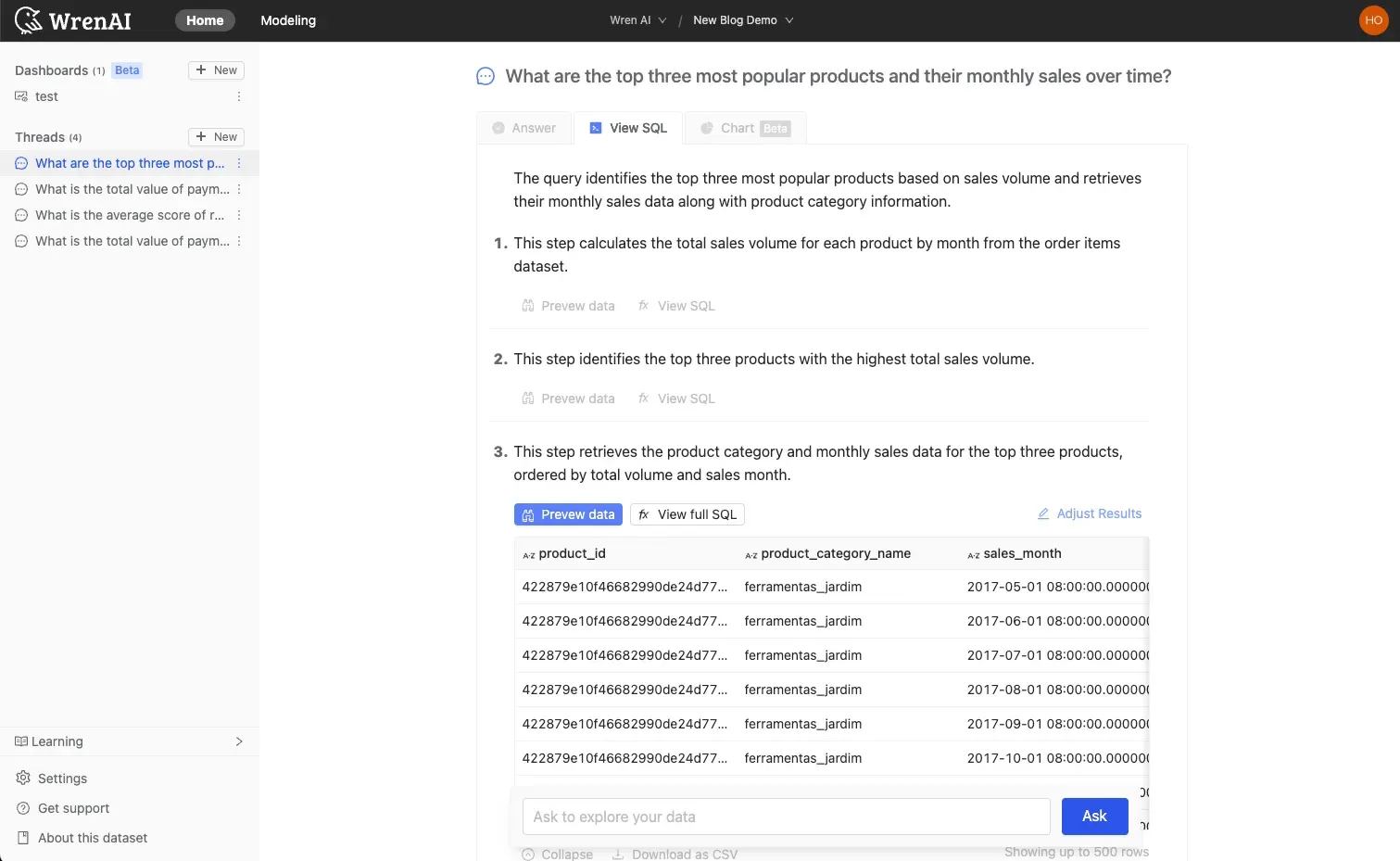 Review step by step how the answer was generated, with previewable SQL