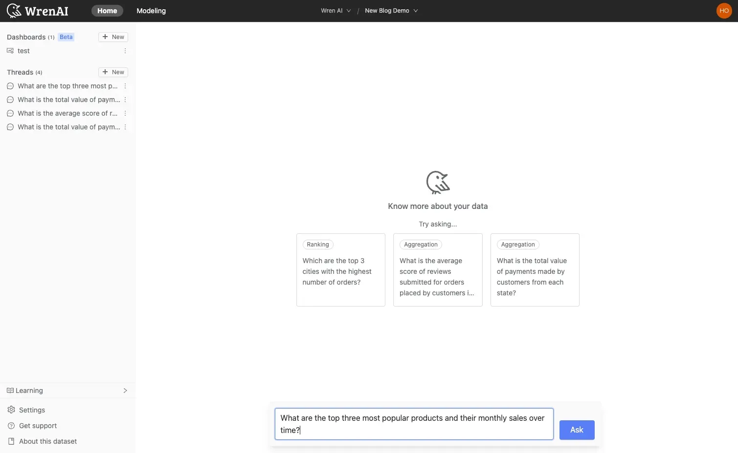 Type your question in the input box and click Ask