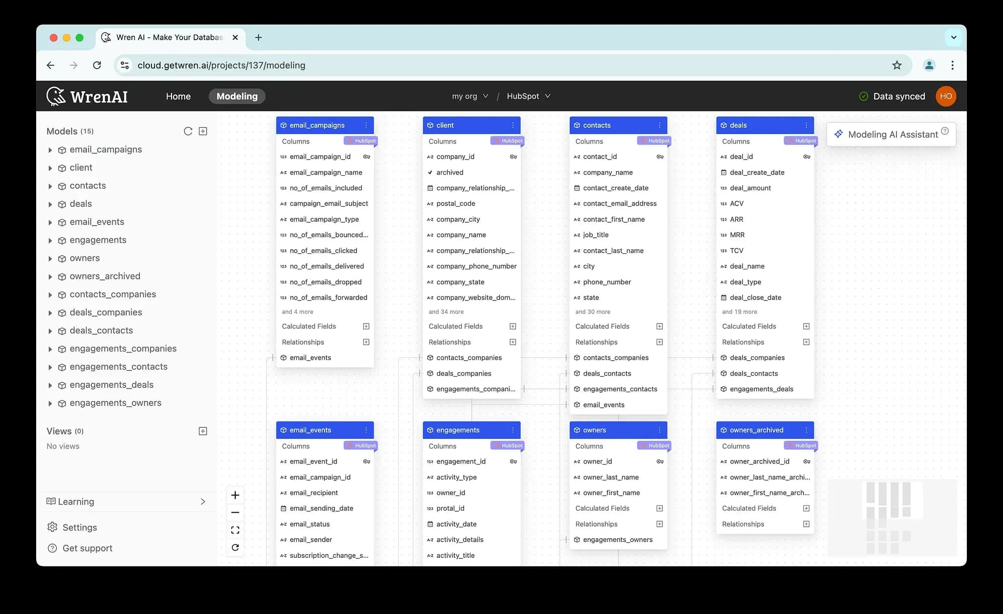 Defining models and relationships over HubSpot data in Wren AI