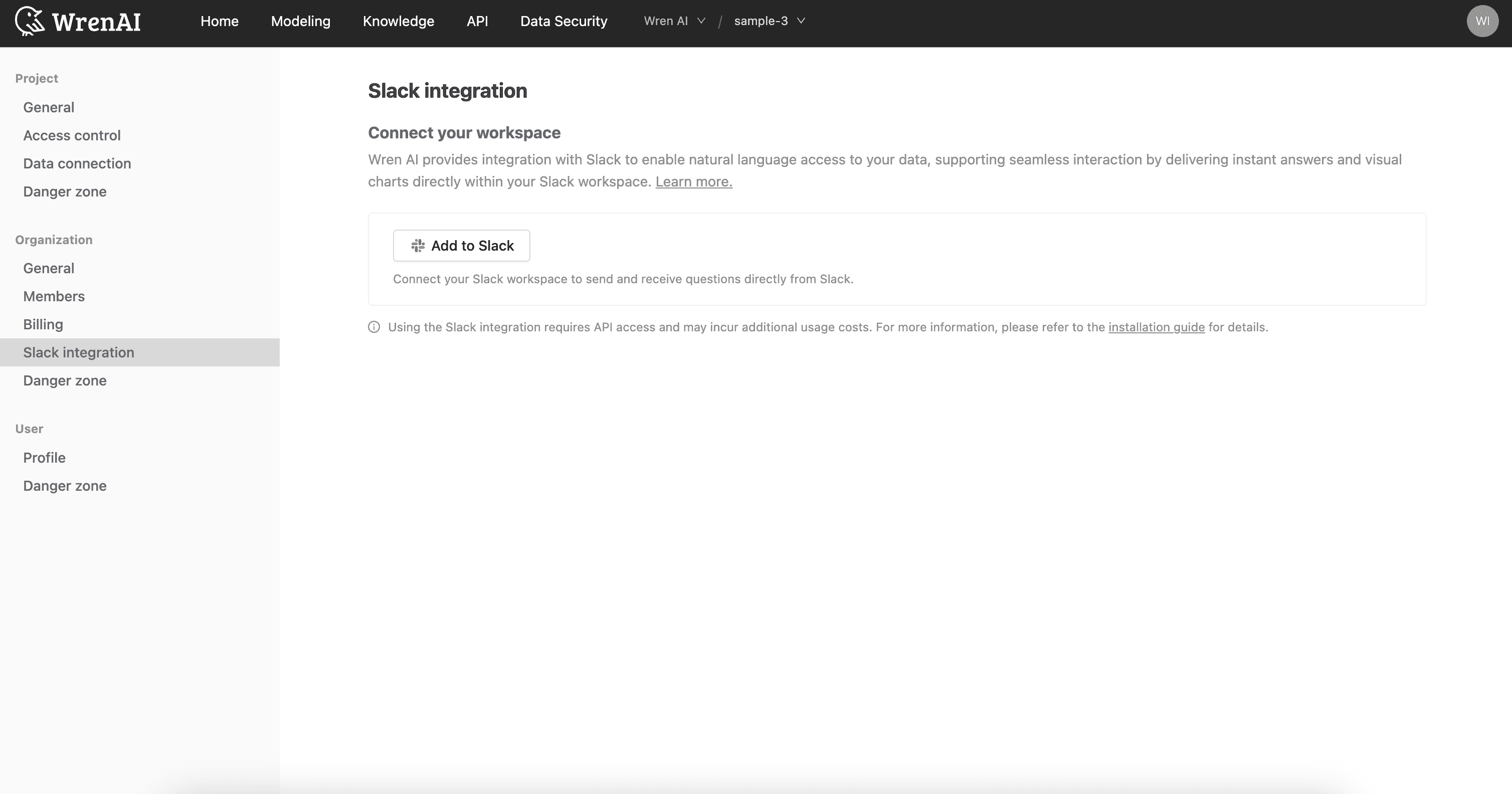 The Slack integration page in Wren AI settings