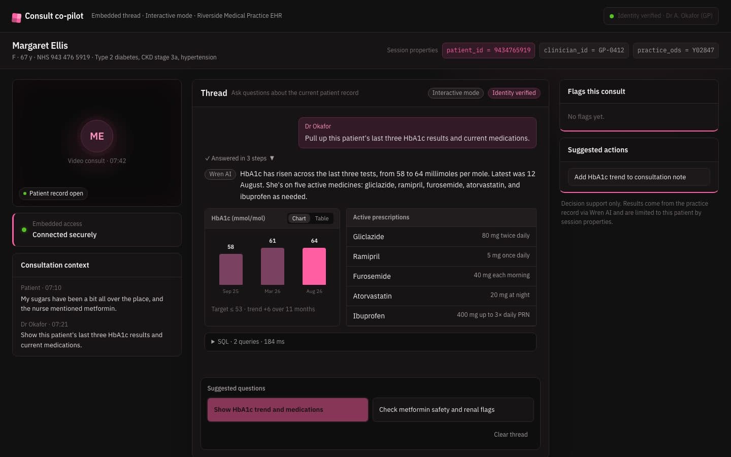 Clinical workspace with the Wren AI consultation thread scoped to the patient record that is open