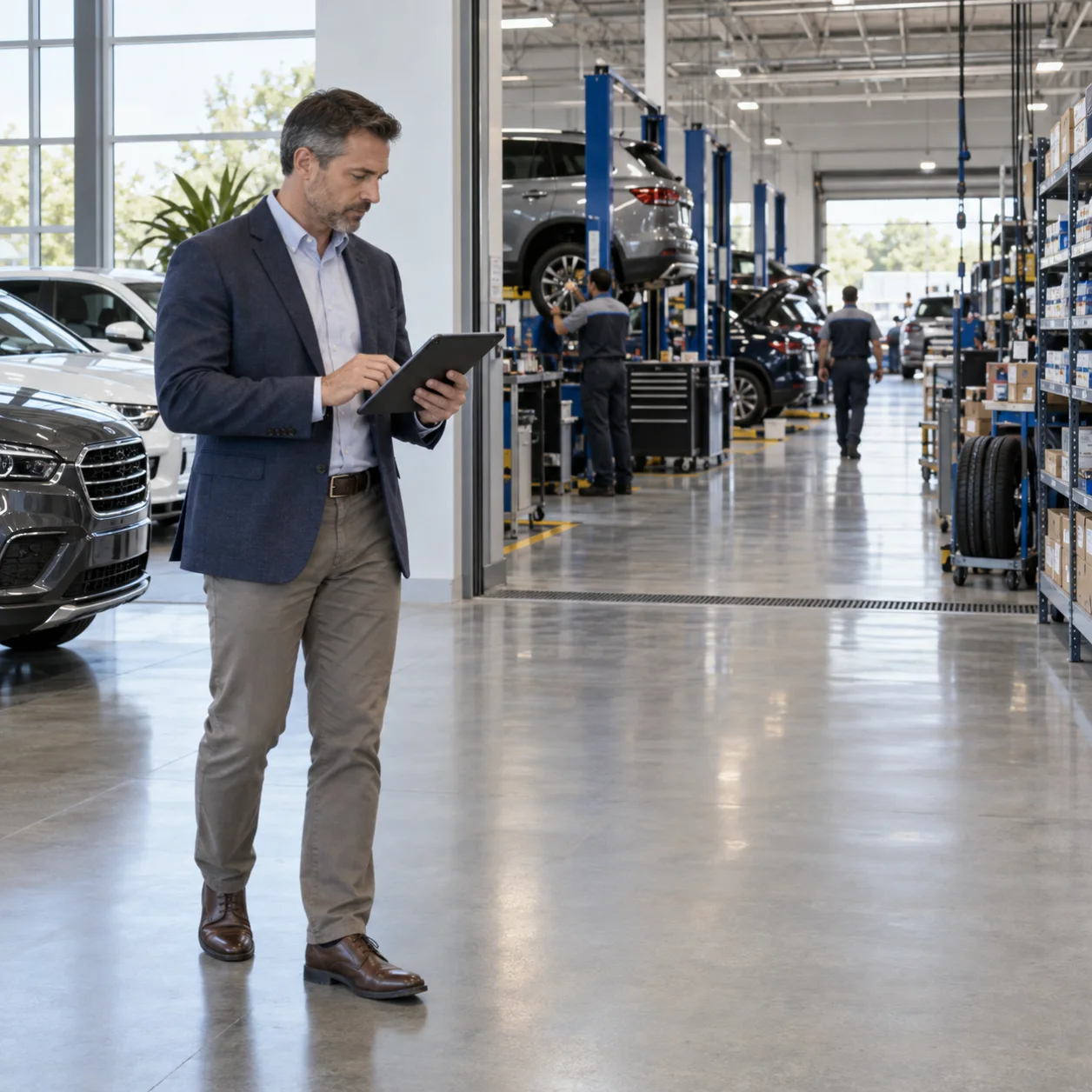 Automotive operations director reviewing dealership inventory and service capacity