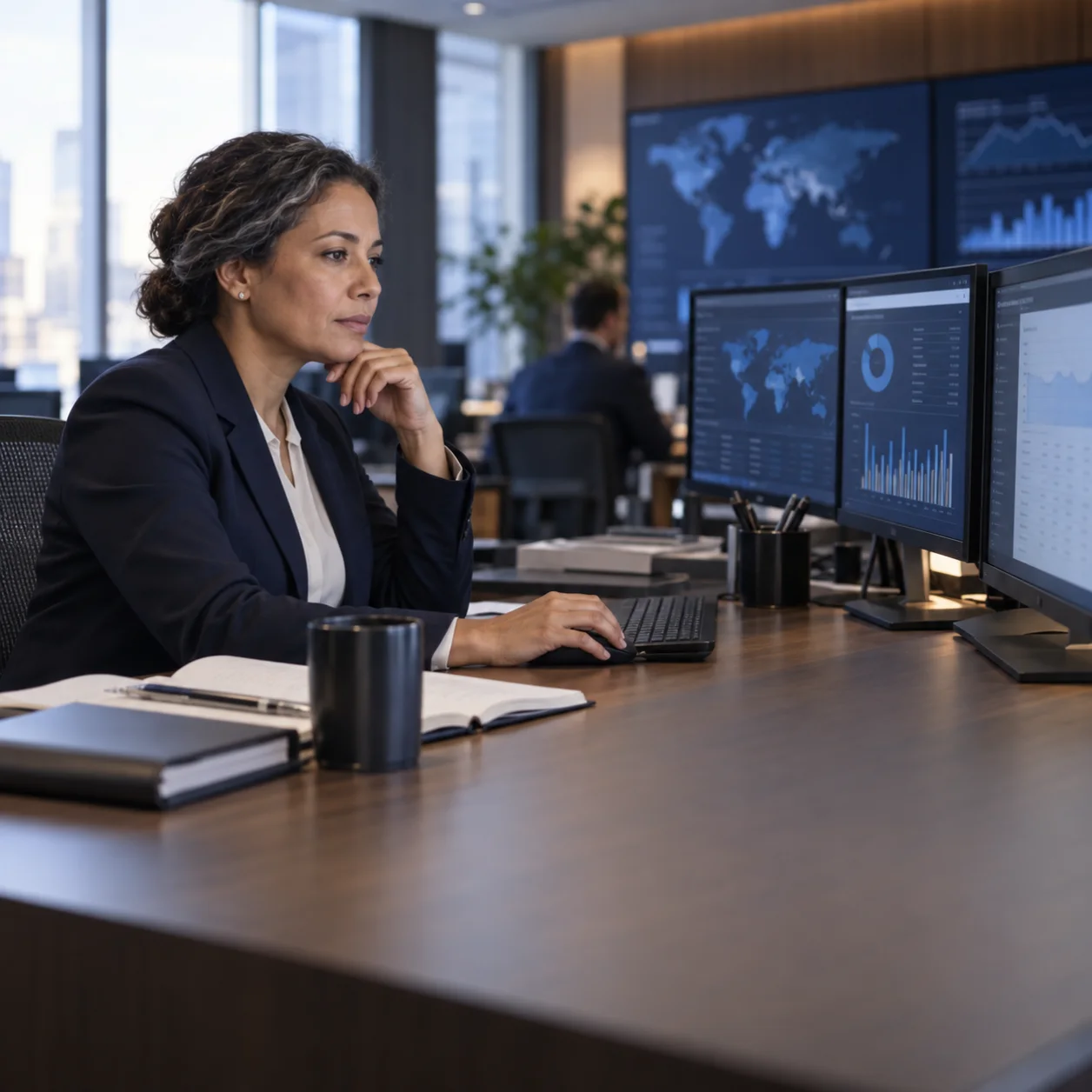 Financial risk leader reviewing portfolio exposure in an institutional risk room