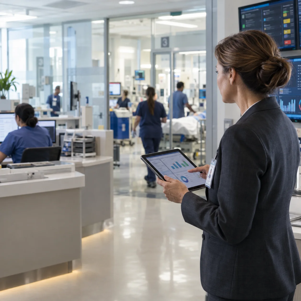 Hospital operations director reviewing patient flow from a clinical command center