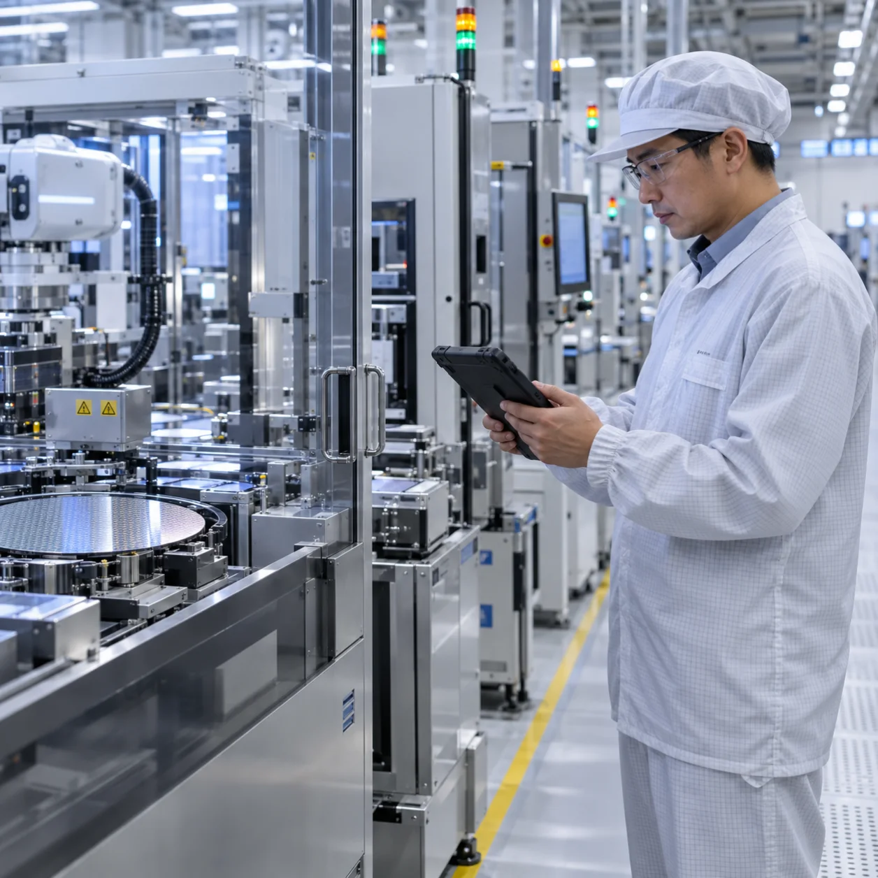 Manufacturing operations leader reviewing a semiconductor production line