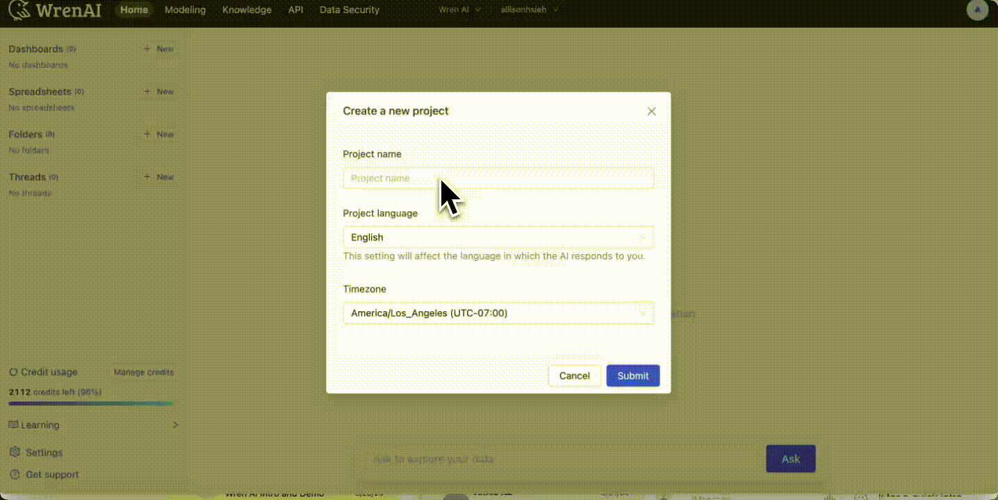 Creating a new project in Wren AI to upload the CSVs